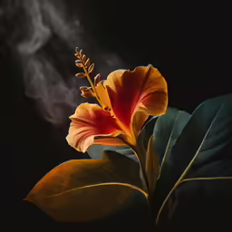 a flower on top of green leaves with smoke behind it