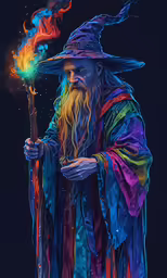 a wizard with long beard and fire staff in his hand