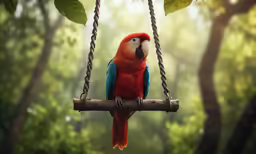 red and blue parrot sits on a swing