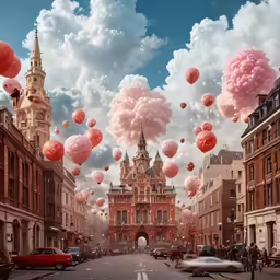 colorful photo of city with red balloons
