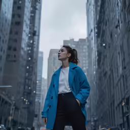 a woman in blue coat looking up while standing on street