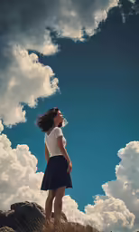 the girl is standing in the field while looking at the sky