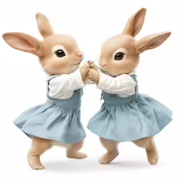 two brown and white rabbits dressed in dress clothes