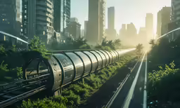 a train is on the tracks in a city