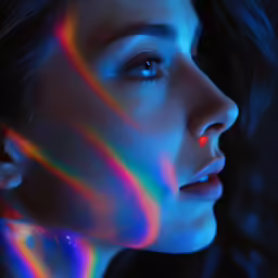 a girl is posing in blue and pink