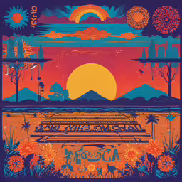 the front of a poster with an orange sun and the ocean in front,a painting with the sun setting over the mountains