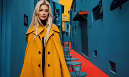 a blonde woman standing in an alley in an orange and blue coat