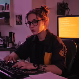 a woman working on a computer while wearing glasses