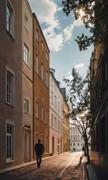 a person walking through a cobble stone street
