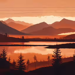 a picture of a sunset over a lake with the mountains in the distance,a beautiful sunset over a body of water