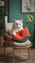 a white cat sitting on top of a couch with an orange pillow on it