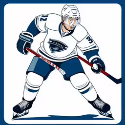 an illustration of a male hockey player, in a blue uniform and helmet