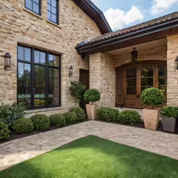 a stone home with landscaping and large windows