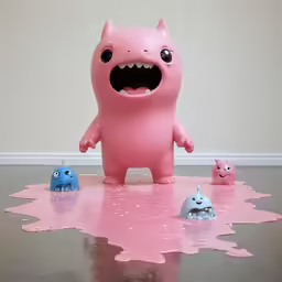 an ugly toy with three smaller monsters standing near it