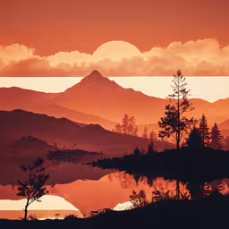 mountains in the distance, with trees on the bank and a lake in front,sunset over mountain range with lake and trees