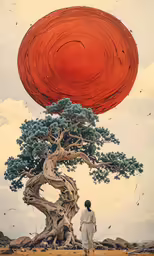 the woman stands near a tall tree with a huge disc in the air