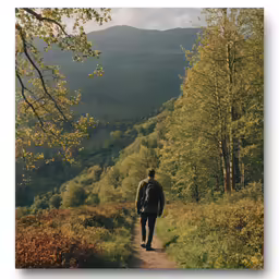 a man is walking down a path on a hill