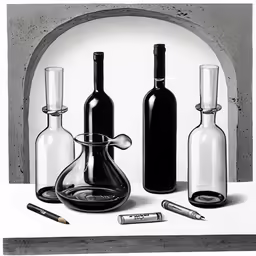 a wine set up next to a wine glass with a miniature bottle