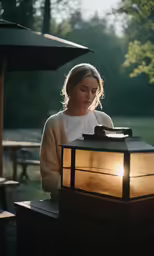 woman standing at a wooden table with a lit lantern