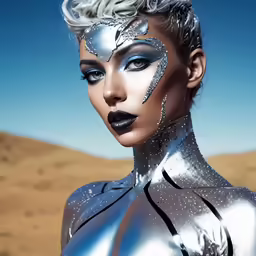 an artistic 3d rendering of a woman with silver hair and makeup