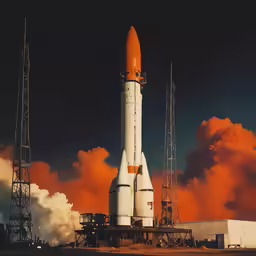 a large, white rocket on a launch pad