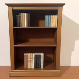 an image of a wooden bookshelf with lots of books on it,a wooden bookcase with books on the shelf,the books have three separate shelves on each shelf,this is a book shelf with books and books on top of it,this bookcase is made of solid wood