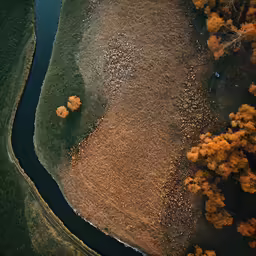 an aerial view of a river and brown grass