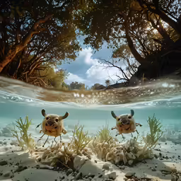 two sea turtles diving beneath a tree