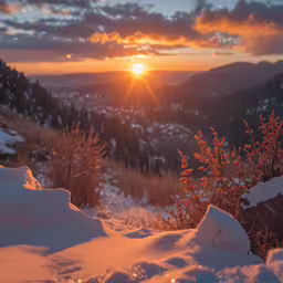 the sun is shining above mountains in the snow