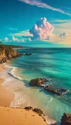 this is a beach with some rocky cliff in the water