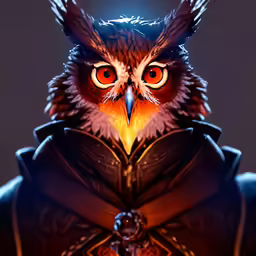 a close up of an owl with big orange eyes