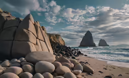 a beach near some rocks and water under a cloudy sky