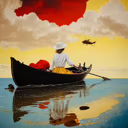 a woman wearing a white hat sits in a boat while an airplane flies,a woman sits in a boat with an umbrella over her