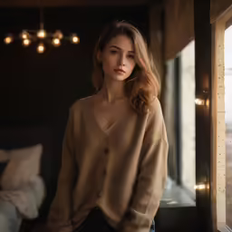 a woman in a sweater leaning against a window
