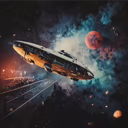 there is a large ship in the air with space in the background