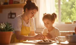 a mother and her child sit at a kitchen table together and look at something in their hands