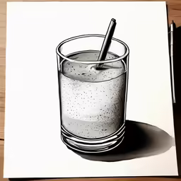 a black and white sketch of a glass of water with a pen