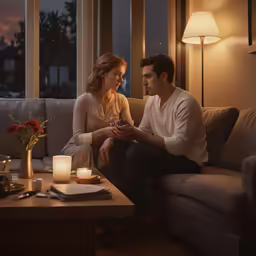 a man and woman sitting on a couch with candles in the living room