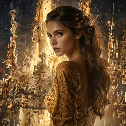 a painting of a woman in front of a mirror with buildings