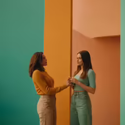 two young women in front of colorful wall