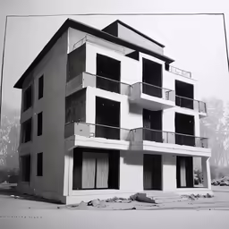 a black and white photo of some balconies and a building
