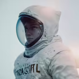 an individual wearing a white space suit and hat