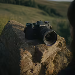 a woman looking at an electronic camera on a rocky outcropping