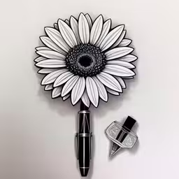 drawing with the tip of a pen is a sunflower in a hat, and a pen sits beside it,a pen is laying next to a sunflower on a table,a pen, fountain and sunflower on a white background,this is a drawing of a sunflower that appears to be penpoint,a drawing of a flower next to a marker