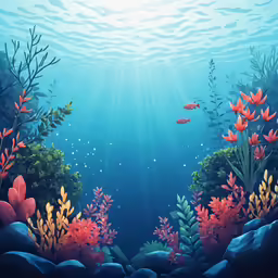 an underwater scene shows coral and plants