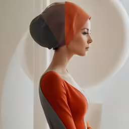 a woman in an orange dress and head scarf looking out the window