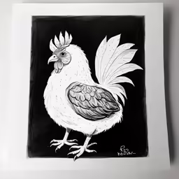 a chicken standing on top of a paper