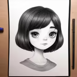a drawing of a girl with big round eyes and bangs