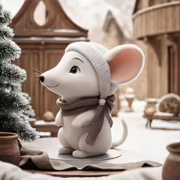 the white mouse has a hat and scarf on