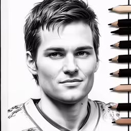 a drawing of a man with pencils next to him